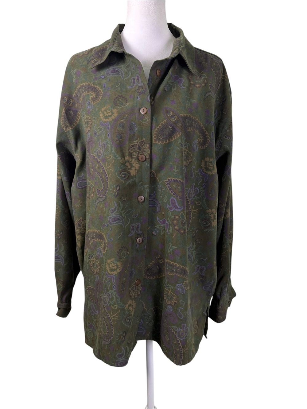Capacity Olive Green Paisley Button Down Shirt L Oversized Artsy Boho - Picture 2 of 10